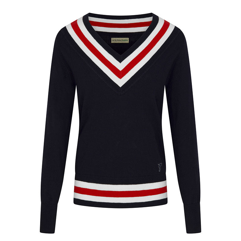 Pull-over de golf extravagant à col en V en coton bio et cachemire Navy Femme