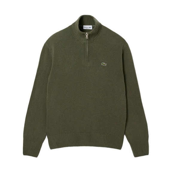 Pull Zippé Laine Cardée Vert Kaki Homme