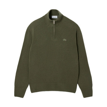 Pull Zippé Laine Cardée Vert Kaki Homme