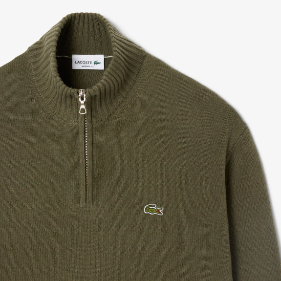 Pull Zippé Laine Cardée Vert Kaki Homme