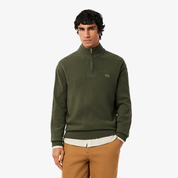 Pull Zippé Laine Cardée Vert Kaki Homme