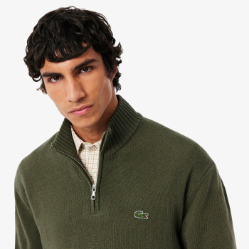 Pull Zippé Laine Cardée Vert Kaki Homme