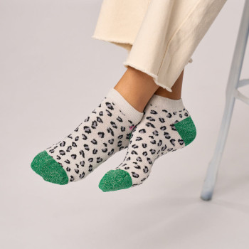 Socquettes pailletées en coton léopard Blanc Vert Femme 2