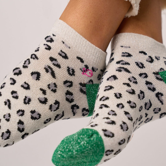 Socquettes pailletées en coton léopard Blanc...
