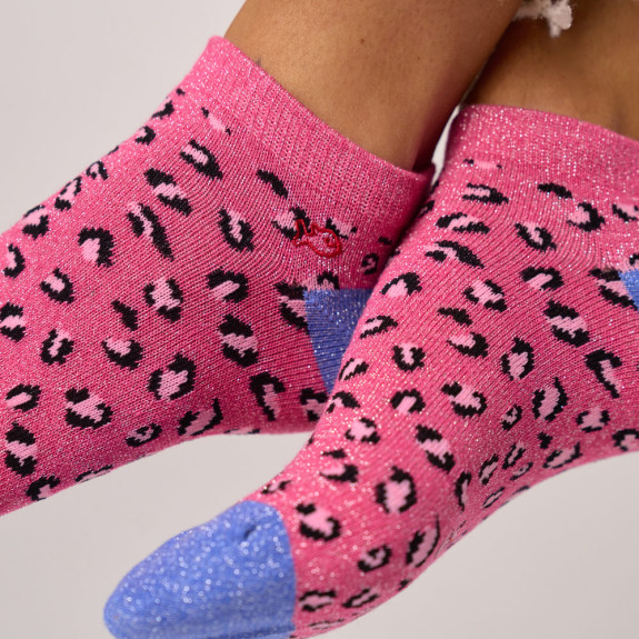 Socquettes pailletées en coton léopard Rose et...