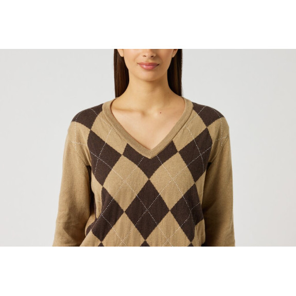 Pull Col V Argyle Bark Femme